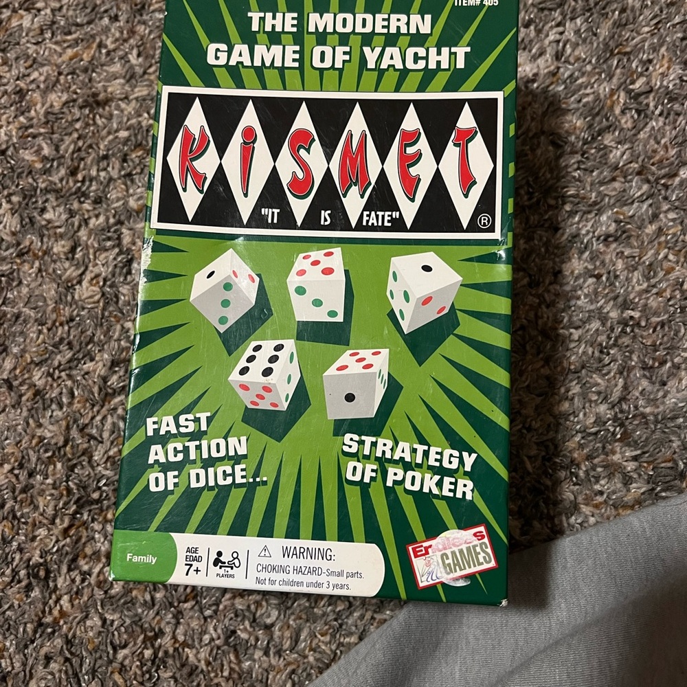 Kismet Yacht Dice Game – Green Box with Red & White Dice Graphics